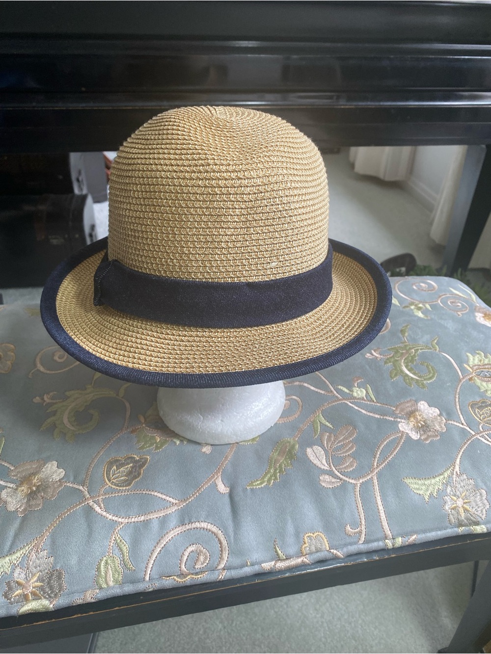 Straw Fedora Hat with Navy Denim Trim
